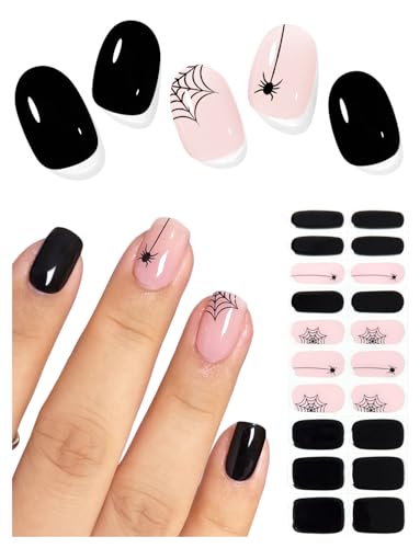 AutyaMee Semi Cured Gel Nail Strips (Black Spider Web) Halloween 20 Pcs Gel Nail Wraps Stickers Salon Quality Long Lasting Works with Any Lamps