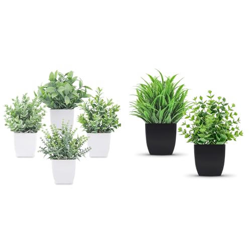 Der Rose Bundle of 4 Pack Fake Plants Mini and 2 Pack Fake Plants Small for Home Decor Indoor Office Table Room Farmhouse Bathroom Decor