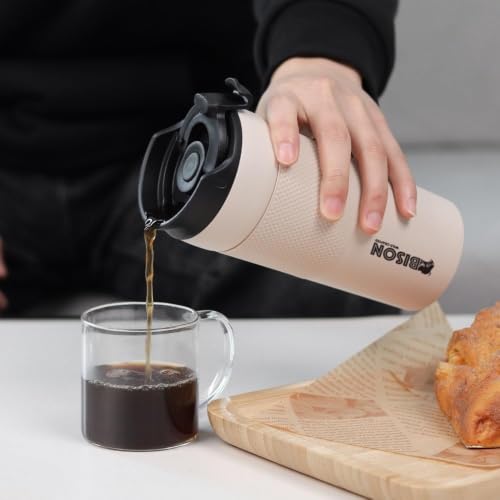 Image of Travel French Press Coffee Maker Cum Travel Coffee Mug With Sipper Lid, Vacuum Insulated coffee mug Stainless Steel, 450 Ml, Beige