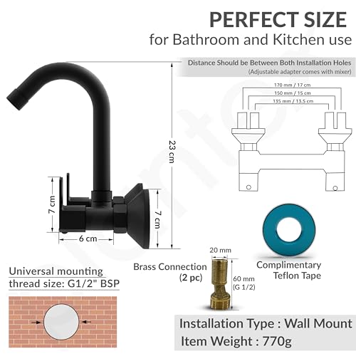 Image of Plantex Sink Mixer Tap for Kitchen with 360 Swivel Spout /Hot and Cold Water Tap with Wall Flange and Teflon Tape /Brass Spindle Sink Tap (Saga-Black)