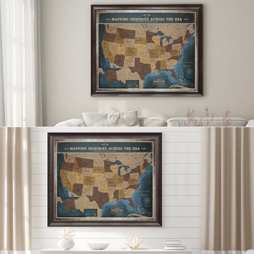 Image of DECORARTS - Personalized Framed USA Push Pin Travel Map in Deep Blue, Balanced Vintage Explorer Style, Custom Name or Phrase, Blue Map Wall Decor Giclee Canvas for Living Room or Office, Made in USA