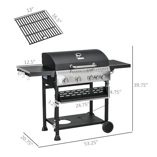 Outsunny 4 Burner Propane Gas Grill with Side Burner, 40,000 BTU Outdoor Barbeque Grill with 430 sq in Cooking Area, Wheels, Warming Rack, Shelves, Thermometer, Bottle Opener, Black - Image 6