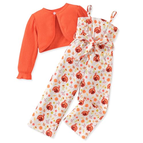 HINTINA Toddler Little Girl Clothes 5T Long Sleeve Knitted Cardigan Set Sleeveless Turkey Jumpsuit Spaghetti Strap Romper Wide Leg Pant 2 Pieces Thanksgiving Outfits 5-6 Years Orange