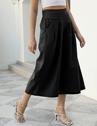 Image of Gihuo Culottes for Women Linen Wide Leg Gauchos Capri Palazzo Pants | Cotton Linen Pants,Flowy Pants,Women's Culottes,Cropped Pants,Elastic Waist Trousers with Pockets