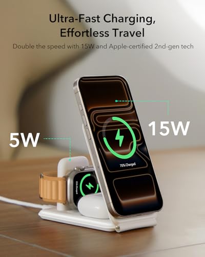 Image of ESR 3 in 1 Charging Station for Apple, [Certified] Apple Watch Charger & 15W MagSafe Charger Stand for iPhone, Travel Charger for Multiple Devices, iPhone 17-12, Watch & AirPods, White
