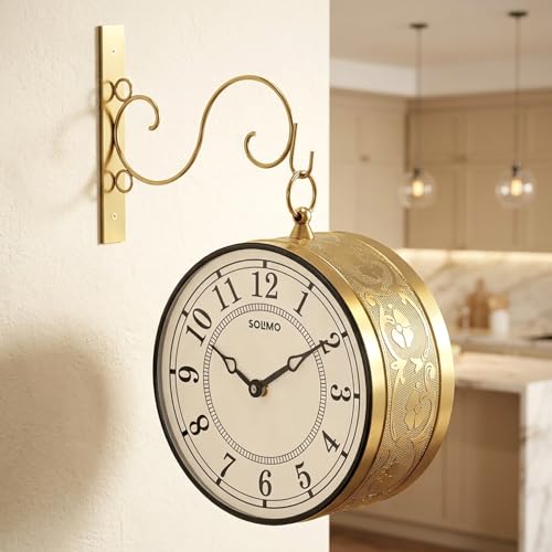 Image of Amazon Brand - Solimo 8 Inch Vintage Station Analog Clock One Side Roman and Other Side Numeral Dial (Brass Finish) (Type-3)