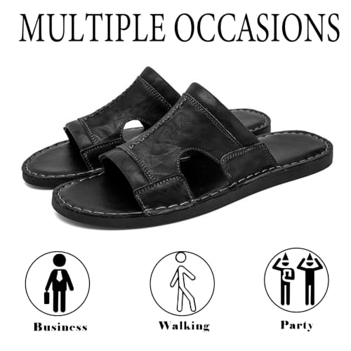 Image of Men's Leather Cutout Slides Sandals Comfortable Lightweight Open Toe Anti-Slip Soft Bottom Slip On Slippers Summer Outdoor Casual Beach Sandals
