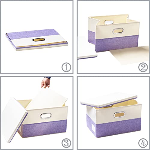 Image of PRANDOM Collapsible Storage Bin with Lid [3-Pack] Fabric Foldable Storage Box Organizer Container Basket Cube with Cover for Home Bedroom Closet Office Nursery Purple&Cream(14.9x9.8x9.8)