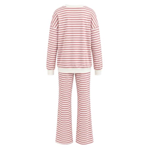 GOSEAGOTOFUN Women Striped Pajama Set V Neck Long Sleeve Lounge Sets Cute Comfortable 2 Piece Pajama Set Travel Lounge Outfit Pink Small - image 4