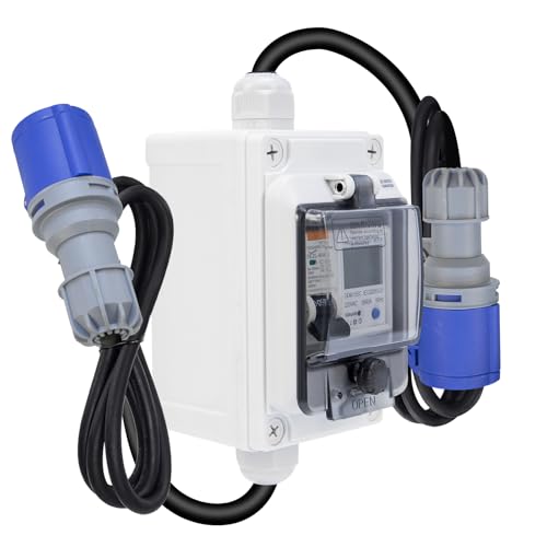 Mobile Digital Electricity Meter, 230 V Power Consumption Meter with RCBO/Reset, Mobile Portable Power Consumption Meter with Rubber Cable, IP67 Waterproof for Motorhomes/Electric/Boat