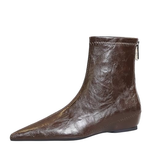 Women'S Leather Handmade Flat Heel Ankle Boots Fashion Pointed Toe Back Zipper Flat Leisure Booties For Office Work
