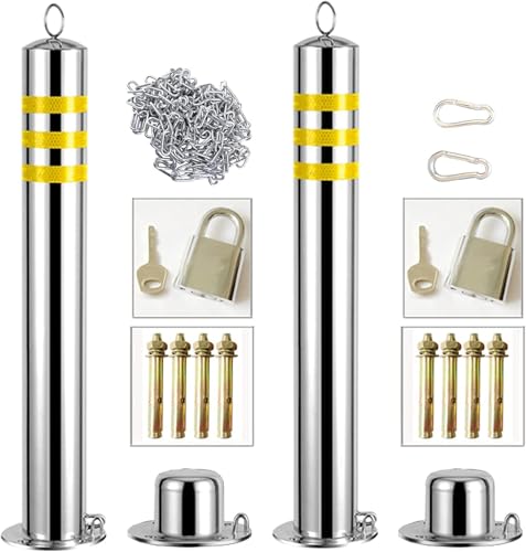 CukUJH Parking Guardrails Parking Barrier Security Bollards for Driveway Steel 2 Parking Cones and 5m Chain Strong Durable Bollard Post