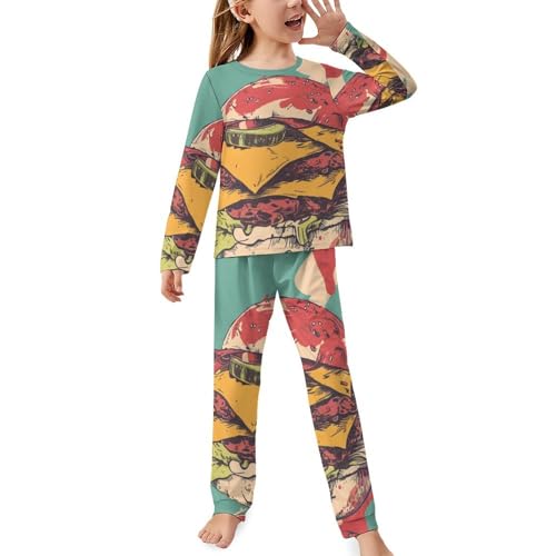Cheeseburger Fast Food PatternChildren's Pajama Set Round Neck Long Sleeve Top + Pants Two-piece Set120CM