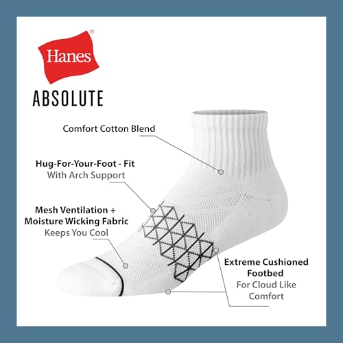 Image of Hanes Men's Socks, Absolute Comfort Cushioned Moisture-wicking Seamless Toe, 4 Pack, Ankle, Crew and Heel Shield Socks