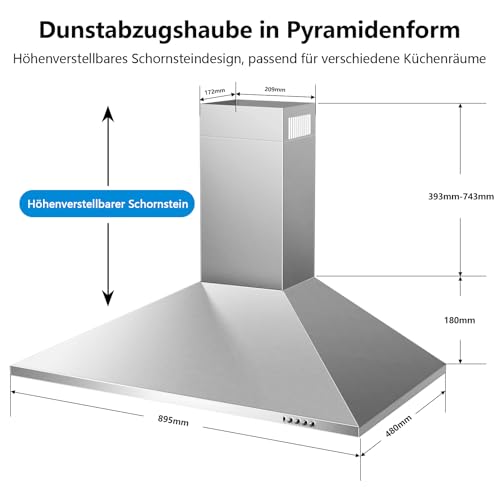 SNDOAS Dunstabzugshaube 90cm Umluft/Abluft, Abzugshaube 90cm Breit mit 350 m³/h Starker Saugleistung, 3 Leistungsstufen, Edelstahl Wandhaube Dunstabzugshaube A++, LED-Licht, Aktivkohlefilter