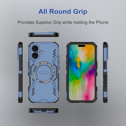 Image of amazon basics Back Case Cover for iPhone 16 | Magnetic Case with Built-in Metal Ring | Supports Mag-Safe Charger, Wallet & Car Mount | Shockproof Hybrid PC + TPU | Blue