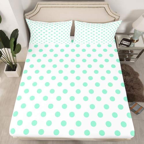 Green Polka Dots Full Size Fitted Sheet,Geometric Circles Green White Simple Art 3 Pieces Kids Teenager Room Decor Cartoon Dots French Style Lovely Pocket 2 Pillowcases