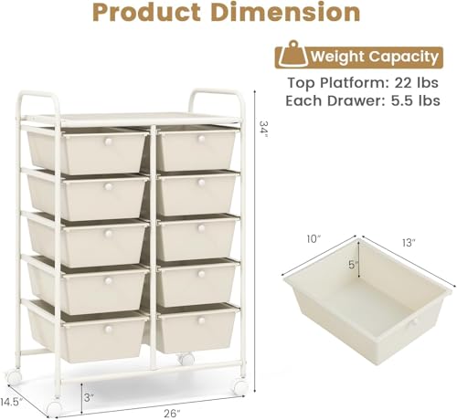 Image of LDAILY 10 Drawer Rolling Cart, Storage Cart Organizer on Wheels, Drawer Cart with Metal Frame & Large Storage Capacity, Rolling Cart with Drawers for Living Room Classroom, Office