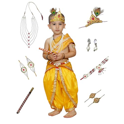 Image of Kaku Fancy Dresses Krishna Costume With Dhoti For Boy /Janmashtami /Bal Gopal Dress /Kanha Costume /Bal Krishna /Mythological Costume For Boy - Yellow-Red, 1-2 Years