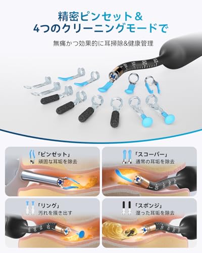 Bebird EarSight Plus 耳かき カメラ付き 【高精度ピンセット&3.1mm極細レンズ&シリコン保護でお子様に最適】 みみかき カメラ カメラ付き耳かき イヤースコープ 4種類クリーニングモード 左右反転機能 録画・写真対応 IP67防水 Type-C充電 お年寄り/子供向け スマホ＆タブレット対応 IOS/Android お年賀に最適 日本語取扱説明書付き (ブラック)