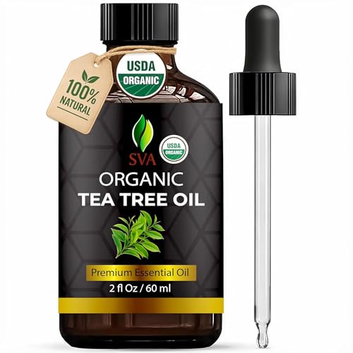 SVA Tea Tree Essential Oil Organic 2 Fl Oz 100% Natural Organic Tea Tree Oil - for Diffuser Hair Face Skin Care Aromatherapy Scalp and Body Massage Soap and Candle Making - with Dropper