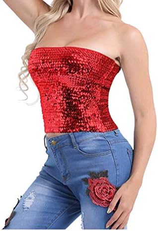 Womens Sparkly Sequin Mermaid Crop Tops, Strapless Metallic Tube Tops for Party Clubwear