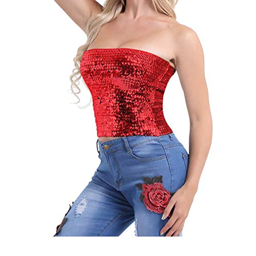 Womens Sparkly Sequin Mermaid Crop Tops, Strapless Metallic Tube Tops for Party Clubwear