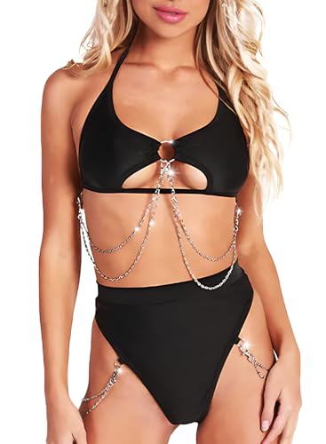 Rave Outfits for Women - Bikini Top Music Festival Underboob Shirt High Cut Bottom Disco Outfit with Silver Chain