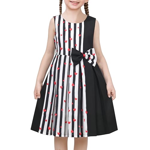 Image of Sunny Fashion Girls Dress Black Heart Love Color Contrast Zebra Stripe School Casual Age 6 Years