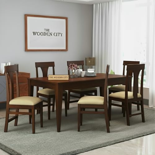 Image of UK FURNITURE Solid Sheesham Wood 6 Seater Dining Table | Wooden Dining Room Set for Home & Office (Teak, 6 Seater)