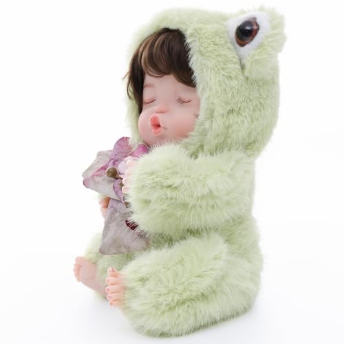 Muñeca Reborn de 10 Pulgadas con Traje de Rana Verde miniatura 3