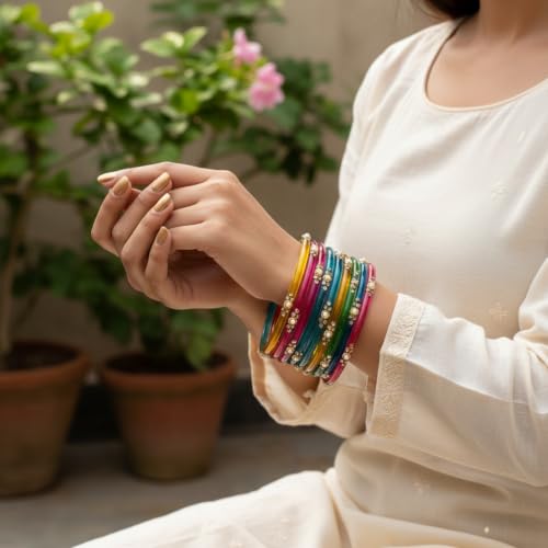 Image of SUNDRAM Women's Premium Fancy Glass Bangles for Women & Girls |with Zircon Gemstone Work & Charm| Traditional Ethnic Bangles Set of 12