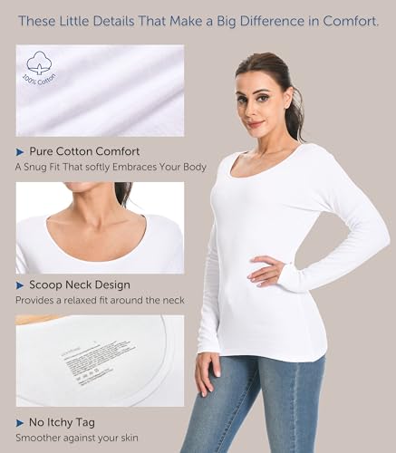 Comfneat Womens 2-Pack Pure Cotton Undershirts Long Sleeves Fitted Scoop Neck Tops Light Thermal Baselayers4