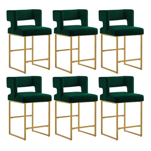 26” Bar Stools Set of 6, Counter Height Bar Chairs, Modern Kitchen Island Stools with Back and Arm, Velvet Barstools with Metal Legs for Home Bar Cafe Pub Green and Gold