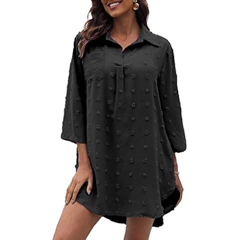 Heynino Womens Sheer Chiffon Shirt Blouse V Neck 3/4 Sleeve Summer Swimwear Beach Cover up Dress Black L Cover