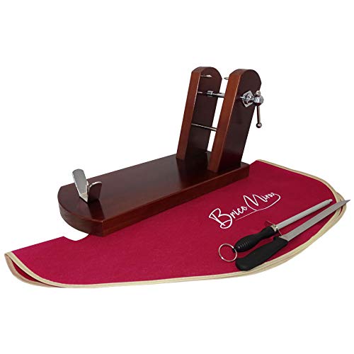 BRICOMIRAS JAMONERO Modelo Rioja Home Color Nogal, Regalo Cuchillo JAMONERO + CHAIRA + CUBREJAMN, Soporte JAMONERA Ideal Uso Profesional Y DOMSTICO (Nogal, Cubrejamn Burdeos)
