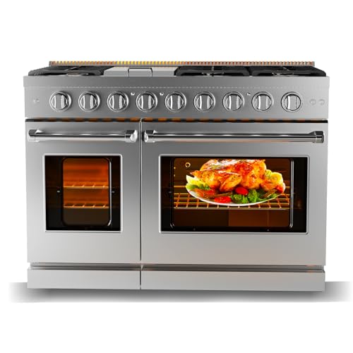 48 Inch Gas Range, Full Gas Freestanding Range with 6 Sealed Burners Cooktop & Cast Iron Grates & 7 Cu.Ft. Double Convection Oven, Stainless Steel Gas Range Stove for RV, Silver