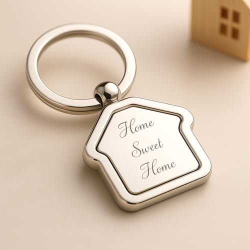 Image of Home Sweet Home Metal Keychain - Silver House Shape Rotating Key Ring, Housewarming Gift for Men & Women, Real Estate & New Home Keychain (Pack of 2)