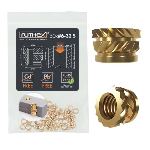 ruthex #6-32 Short Threaded Inserts - 50 Pieces RX-6-32x3.8 Brass Heat Set Insert for Plastic Parts - Inches knurled Nuts - Insert by Heat into 3D Printing Components