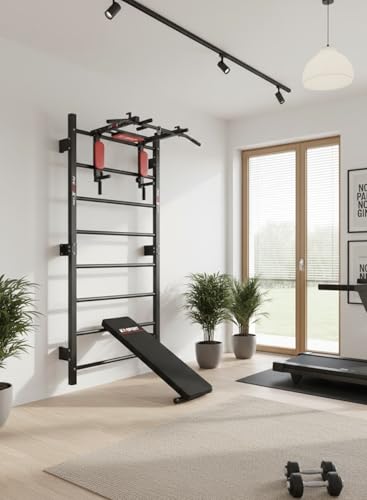 K-Sport: Trainingsset Sprossenwand + Dip Station, Klimmzugstange & Trainingsbank I Kraftstation mit Pull-Up Bar, Dip Stange & Hantelbank, inkl. E-Book