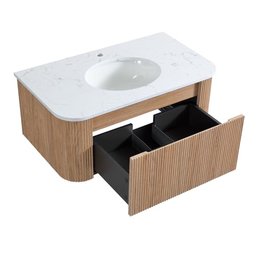 Image of 36 Inch Wall Mounted Bathroom Vanity with Ceramic Sink, Pre-Assembled Floating Vanity Cabinet with Cararra Artificial Countertop, Wave Texture Finish & Drawer, Wood