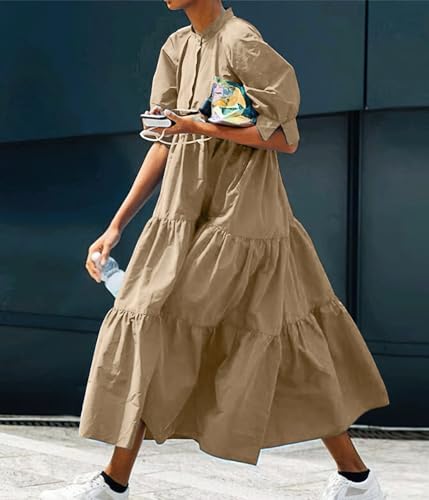 Image of chouyatou Women's Summer Puff Sleeve Maxi Tiered Babydoll Dress Casual A-Line Swing Long Shirt Dress