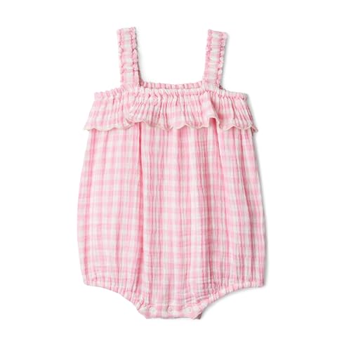 Amazon Essentials Unisex Babies x Sofia Grainge Baby Girls Cotton Gauze Romper Pink Gingham 18 Months