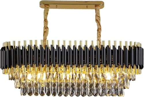 Image of SUANI Black Golden Italian K9 Crystal Ceiling Fixture Metal Chandelier | Chandelier for Living Room | Jhoomar for Restaurant | Chandelier Home | Light Fixture Chandelier Black Gold Oval (600X300) mm