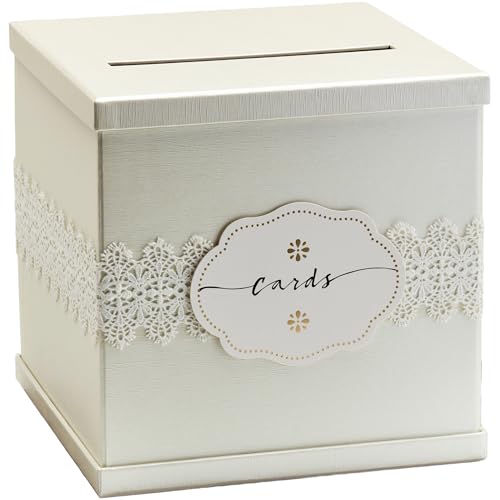 Ivory Wedding Card Box, Large 10” White Gift Card Holder, Envelop...