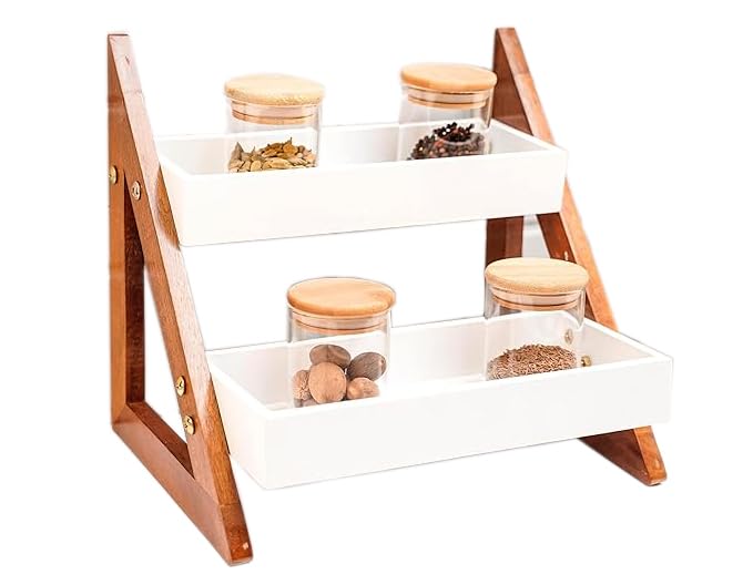 SAFAK Wooden Multipurpose Kitchen Organizer Stand Shelf Holder Storage Rack For Spices Jars Utensils Dishes Plates| Counter Top Organizer (White, Minimalist, Free Standing, Corner Shelf)