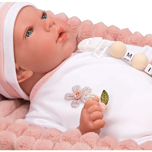 ARIAS - Reborn Lola Puppe, 40 cm, mit weißer Kleidung und rosa Mütze und Babywanne, Neugeborenes mit Vinylkörper, Windelzubehör, Schnuller und Schnuller, Spielzeug für Kinder ab 3 Jahren (ARI98110) – Bild 5