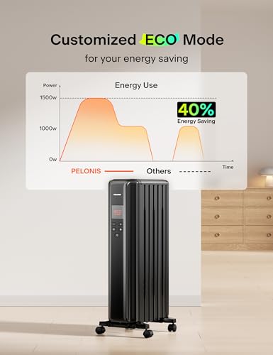 PELONIS Oil Filled Radiator Heater for Indoor Use Large Room with Remote, Electric Space Heater with Thermostat, Energy Efficient with ECO Mode, 24H Timer, Quiet, Overheat & Tip-Over Protection, 1500W