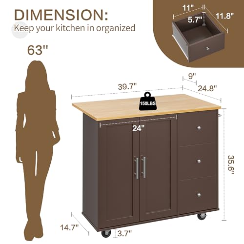 Image of SUNLEI Kitchen Island with Storage Cabinet, Rolling Kitchen Table with Foldable Drop Leaf, Kitchen Island Cart on Wheels with Handle for Towel, Portable Islands for Kitchen (Brown, 39.7-INCH)