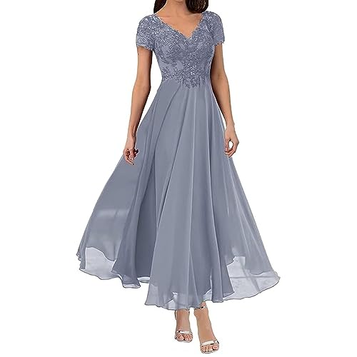 Lace V-Neck Chiffon Bridesmaid Dress, Short Sleeve A-Line Formal Evening Gown with Lace-Up Back, Women's Elegant Wedding Guest Party Dress (AU, Numeric, 8, Regular, Regular, Dusty Blue)